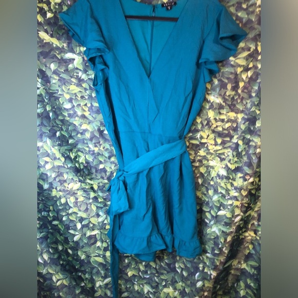 VENUS Teal Blue Wrap Romper with Flutter Sleeves - Picture 3 of 16